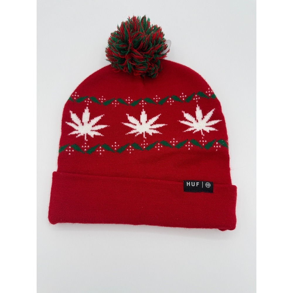 HUF Red Pom Beanie Hat Knit Cap Marijuana Leaf Holiday Winter
